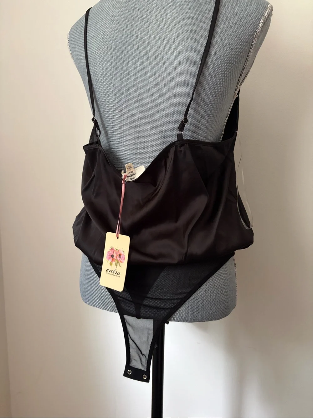 NWT entro Black Satin Lace-Trim Cami Bodysuit